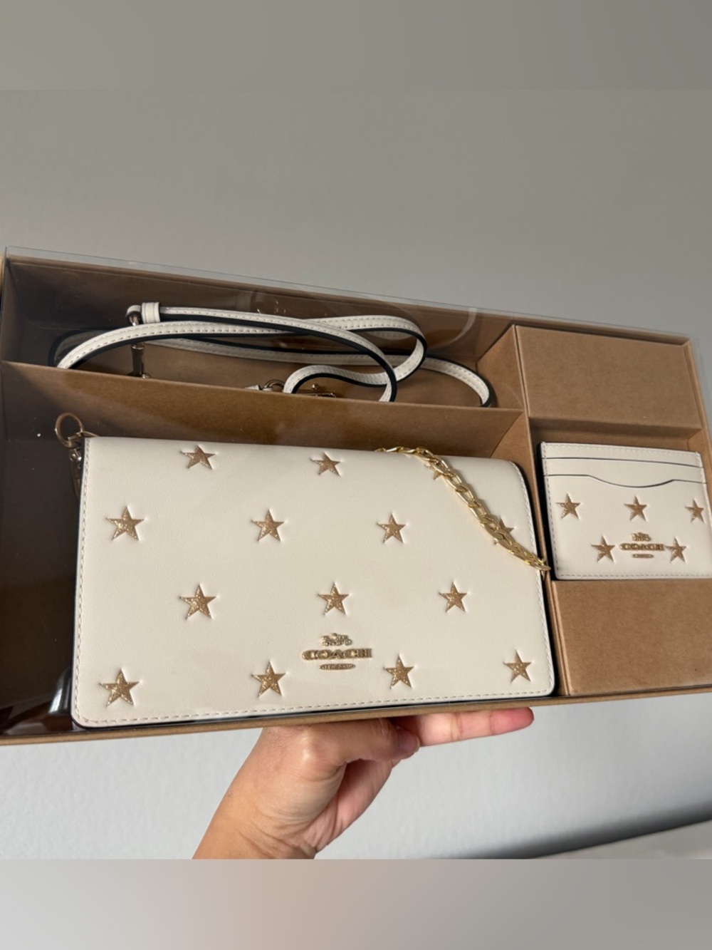 NIB Coach Boxed Anna Crossbody Bag and Cardholder White Leather Stars